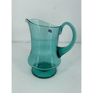 Vintage Bjorkshult Sweden Glass Pitcher Aqua Teal Thin Glass Original Sticker